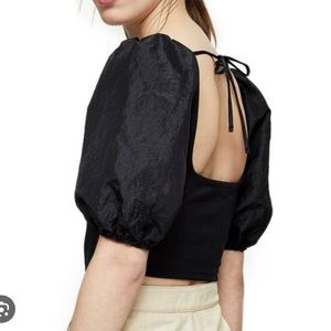 Topshop Taffeta Puff Sleeve Crop Top Black